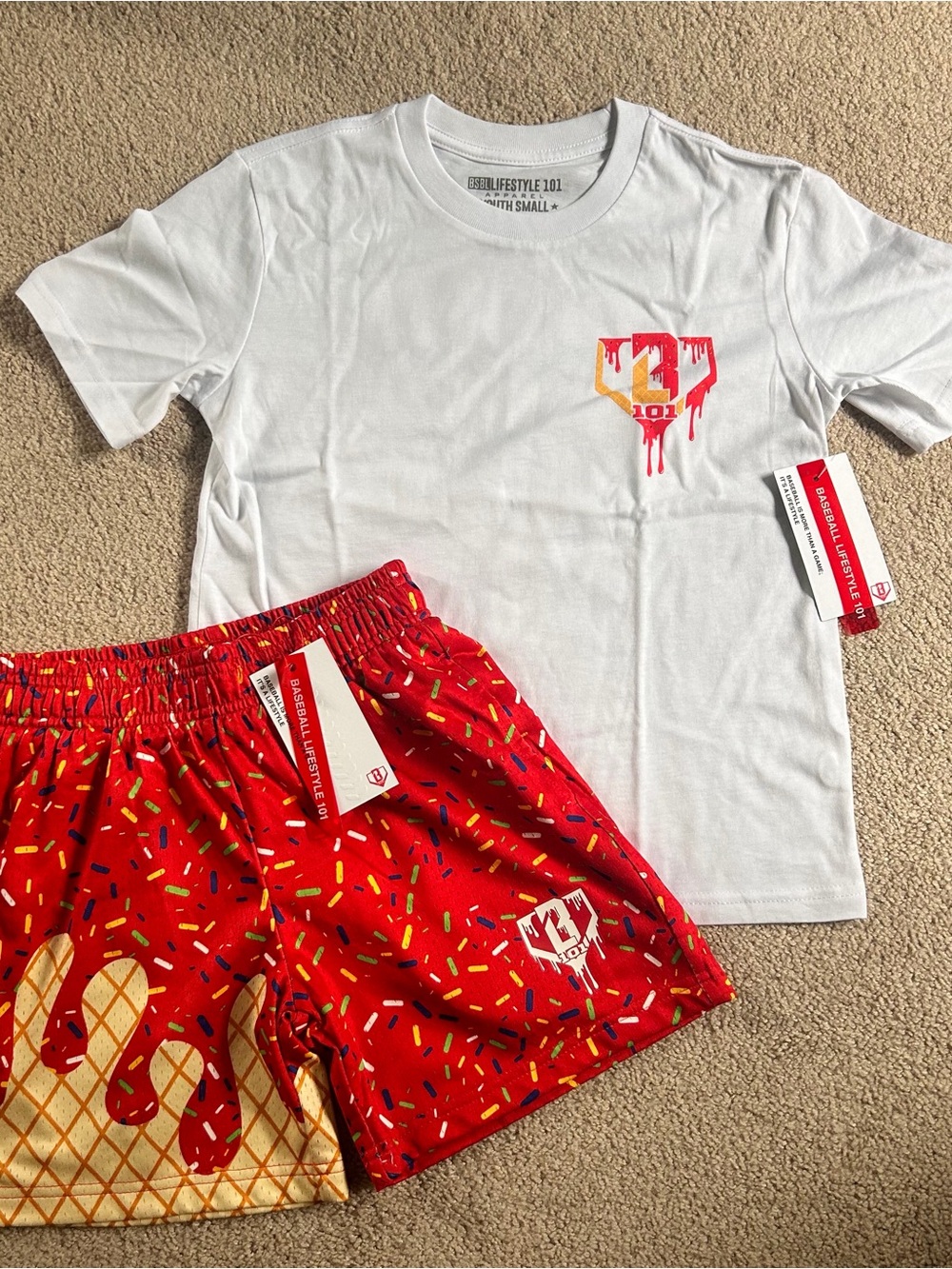 Youth boys medium baseball lifestyle 101 cherry ice cream shorts and t-shirt NWT